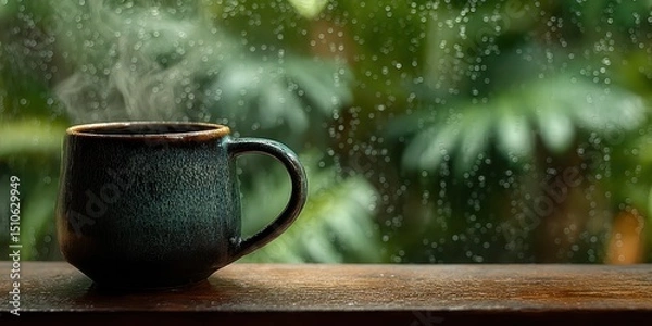 Fototapeta Steaming Cup of Coffee on Table with Window and Raindrops Background