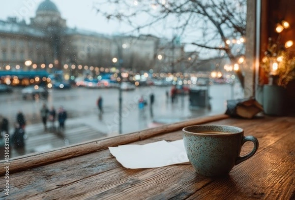 Fototapeta Cozy Coffee Cup on Windowsill with City View on Rainy Day
