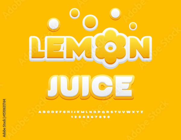 Fototapeta Vector Delicious sticker Lemon Juicy with Decorative Flower. Elegant White and Yellow Font. Artistic Alphabet Letters and Numbers set 