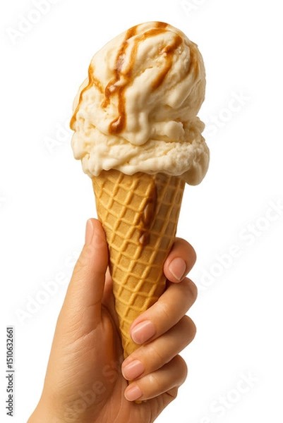 Obraz Delicious ice cream cone held in hand with caramel drizzle topping in bright setting