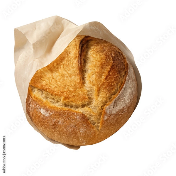 Obraz Freshly baked round bread wrapped in parchment paper on a white background