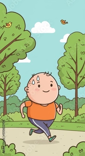 Fototapeta Happy Jogger in the Park: A Summer Day Cartoon