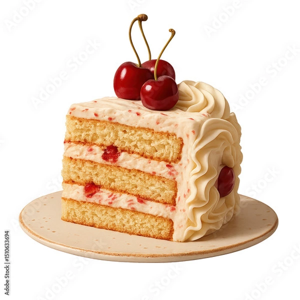 Obraz Delicious slice of cake topped with cherries on a plate in a bright setting