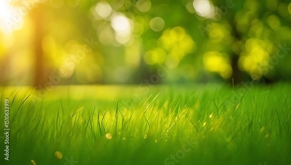 Fototapeta green grass and sunlight, Lush green grass with a soft-focus background 