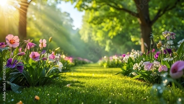 Fototapeta spring meadow with flowers, vibrant spring flowers and lush green grass bokeh background