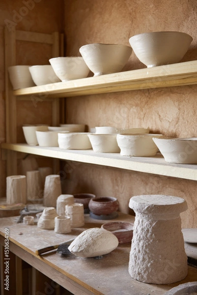 Fototapeta Artisan pottery studio filled with unfinished clay pieces arranged neatly on shelves, showcasing a creative and organized workspace for pottery enthusiasts