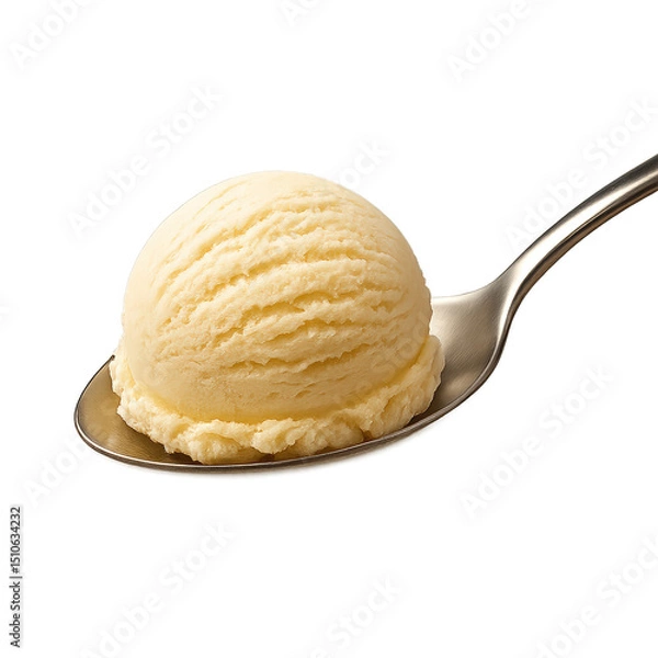 Obraz Sweet and creamy vanilla ice cream served on a silver spoon against a plain background