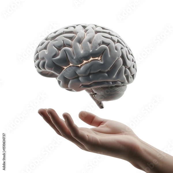 Obraz A detailed human brain floating above an open hand, isolated on a transparent background, ideal for medical illustrations, scientific presentations, and educational content