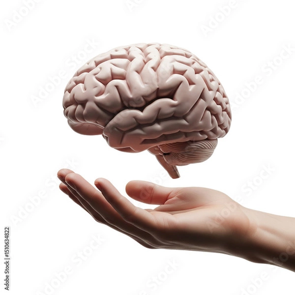 Obraz A detailed human brain floating above an open hand, isolated on a transparent background, ideal for medical illustrations, scientific presentations, and educational content