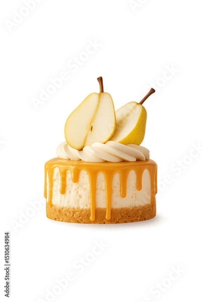 Obraz Delicious dessert with creamy layers, fresh pears, and caramel sauce served on a simple plate