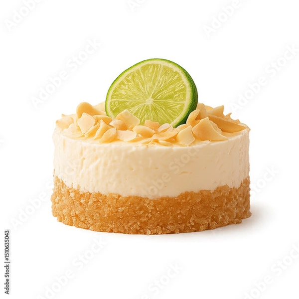 Obraz Lime cheesecake with almond topping and fresh slice presented on a white background
