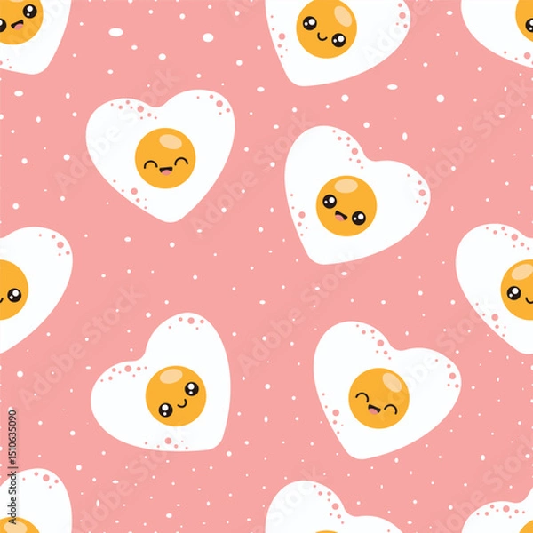 Fototapeta Seamless vector pattern with fried eggs with kawaii faces. Cute food on a pink background