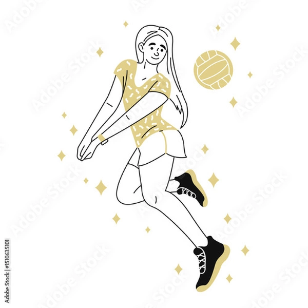 Fototapeta A female volleyball player hits a ball in a jump. An athlete in dynamic movement. Sports and leisure. Doodle-style vector illustration