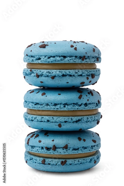 Obraz Colorful blue macaron stack with chocolate speckles on a white background