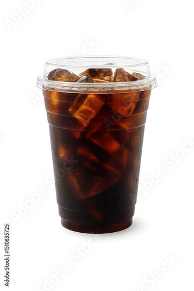 Obraz Iced coffee drink with ice cubes in clear cup captured in a bright setting