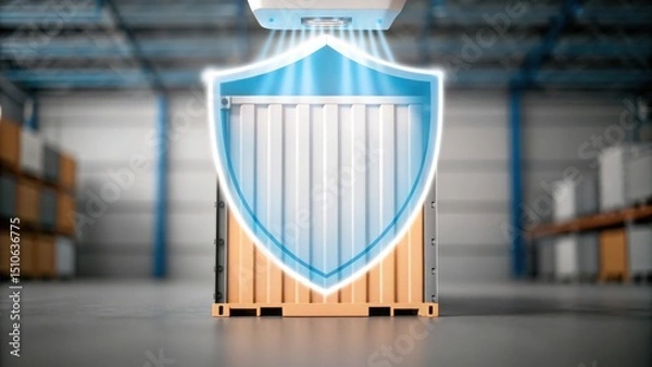 Obraz A secure shipping container in a warehouse is protected by a glowing shield symbol, representing advanced security and protection technology.