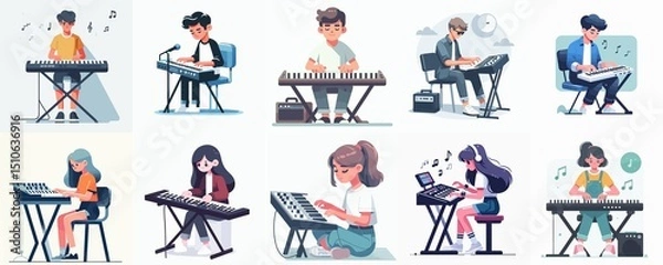 Fototapeta Cartoon Characters Playing Keyboard or Synthesizer – Musician Illustration Set