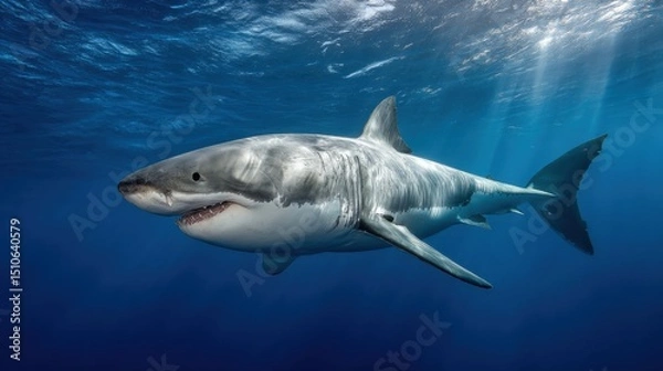 Obraz Great white shark swimming in blue ocean with sun rays shining through surface