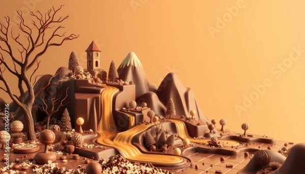 Obraz Enchanting chocolate landscape featuring a caramel river and chocolate castle