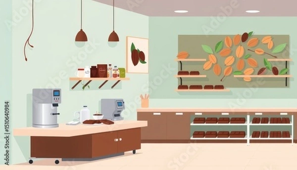 Obraz Modern chocolate shop interior with display shelves and preparation counter