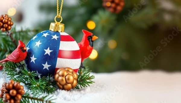 Obraz Patriotic Christmas Ornament with Cardinal and Pine Branch Holiday Scene