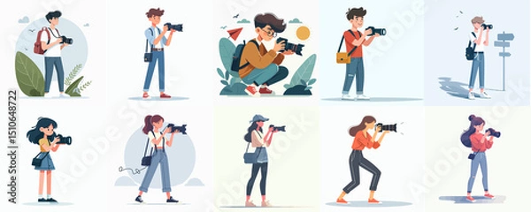 Fototapeta Cartoon Characters with Cameras – Photography Hobby & Outdoor Photographer Illustration Collection