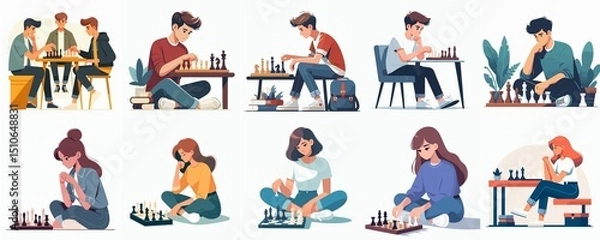 Fototapeta Cartoon Students Playing Chess – Strategic Thinking and Board Game Illustration Set