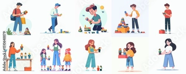 Fototapeta Cartoon Kids and Teens Playing with Building Blocks and Mini Figures – Creative Play Illustration Set