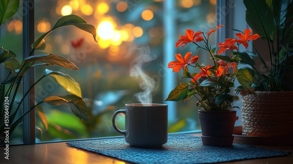 Fototapeta Warm drink by window at sunset