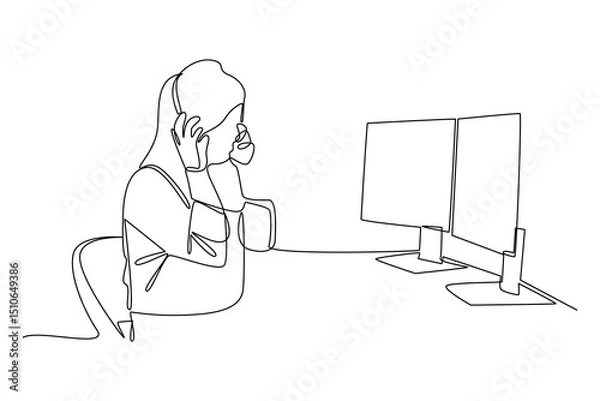 Obraz Continuous one line drawing a female officer in the space control room. Professional job profession minimalist concept. Single line draw design vector graphic illustration