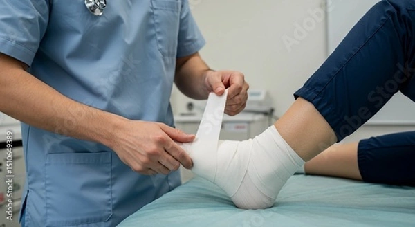 Obraz Medical professional wrapping ankle with bandage in clinic setting  
