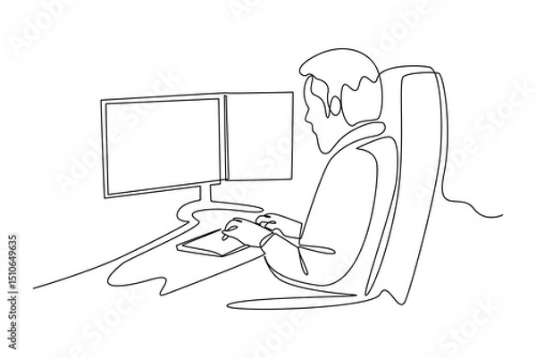 Obraz Continuous one line drawing of people work at space control room. Professional job profession minimalist concept. Single line draw design vector graphic illustration