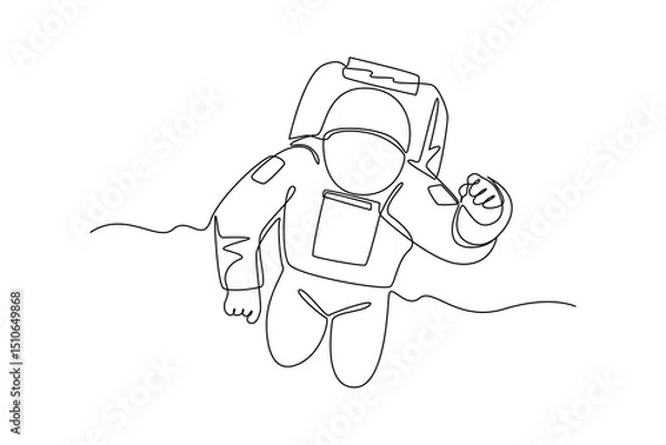 Fototapeta Continuous one line drawing of astronaut floating in in space. Professional job profession minimalist concept. Single line draw design vector graphic illustration
