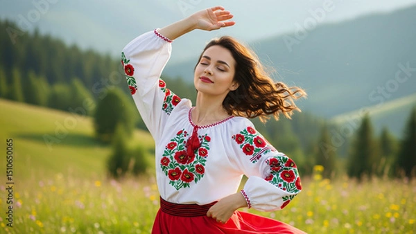 Obraz Beautiful ukrainian woman in dancing alone in Carpathian mountains nature