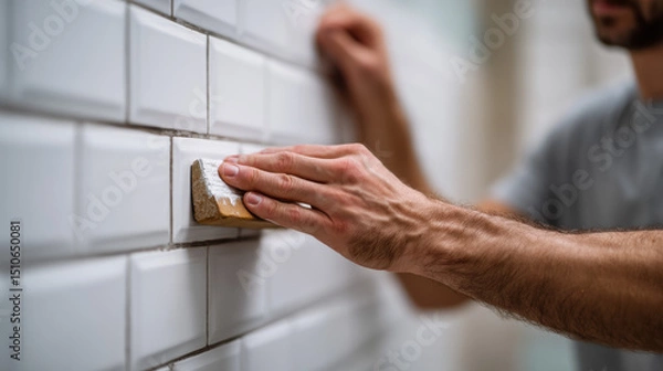 Obraz Closeup of person applying grout to white tiled wall with sponge focusing hands and tiles showing renovation or tiling work clean and organized workspace home improvement activity detailed