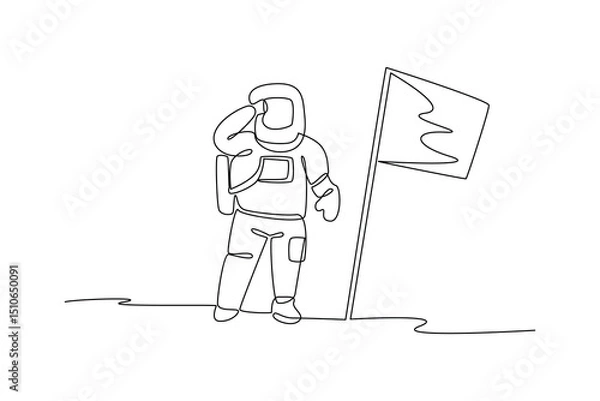 Obraz Continuous one line drawing of astronaut standing next to a flag on the moon. Professional job profession minimalist concept. Single line draw design vector graphic illustration