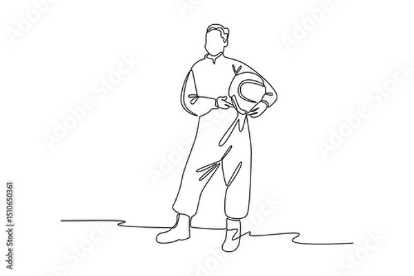 Obraz Continuous one line drawing of astronaut take a pose before fly to space. Professional job profession minimalist concept. Single line draw design vector graphic illustration