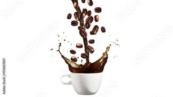 Obraz Pouring coffee into coffee cup with splashing., Isolated on white background.