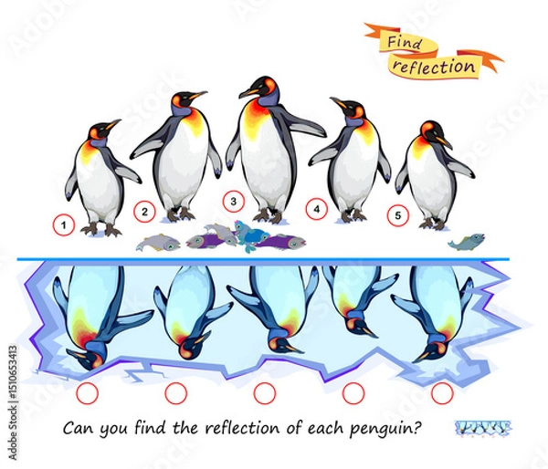Obraz Logic puzzle game for children and adults. Can you find the reflection of each penguin? Brain teaser book. Developing kids spatial thinking. Task for attentiveness. IQ test. Flat vector illustration.