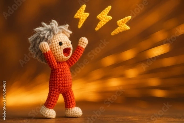 Obraz crochet doll with hands raised high and mouth open, surrounded by soft yarn lightning bolts above its head, representing excitement
