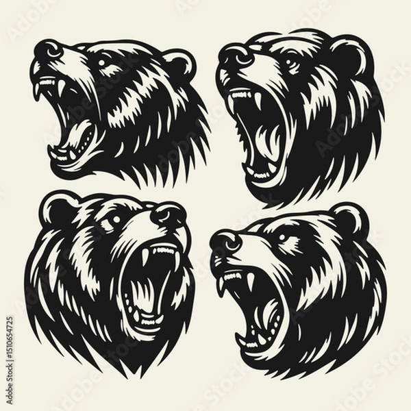 Fototapeta Set of 4 black and white flat vector illustrations of bear heads with aggressive open mouths. Bold graphic style, clean silhouettes, high contrast, perfect for logos or prints.