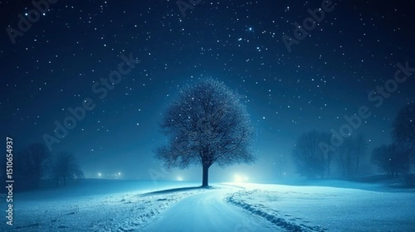 Fototapeta Winter night landscape with a lone tree and a path through snow