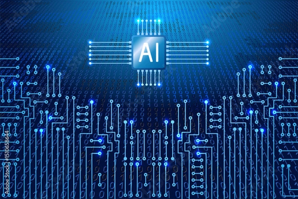 Obraz Electronics circuit with binary code. Futuristic digital design, world of artificial intelligence and digital technology for banners, tech backgrounds and innovative branding.