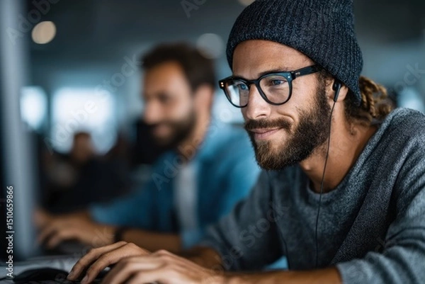 Fototapeta Programmers cooperating at IT company developing apps. Business people technology concept.