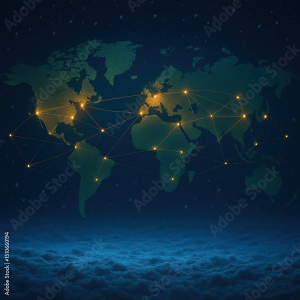 Fototapeta Digital world map with glowing connections, showcasing global networking and communication. image evokes sense of connectivity and technology