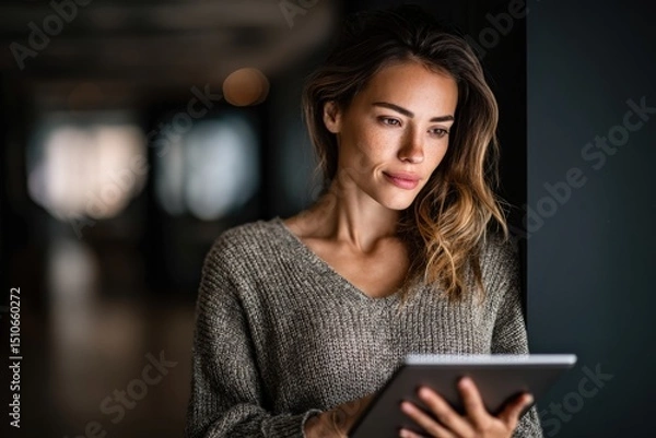 Fototapeta Software, coding and business woman on tablet thinking of data analytics, digital technology.
