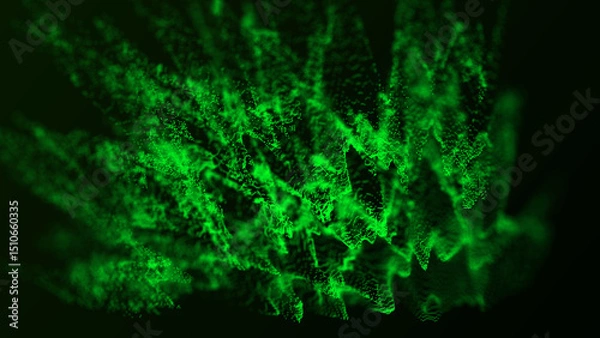 Obraz Wavy green texture with explosion effect. Abstract noise technology background with dots and lines. Big data visualization. 3D rendering.