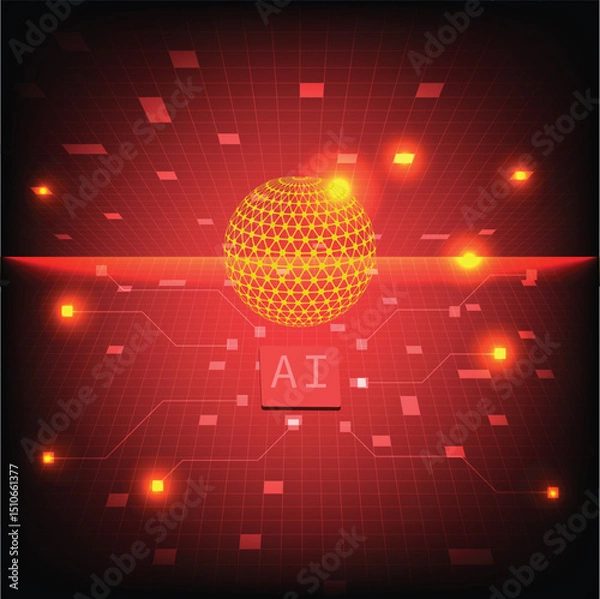 Obraz  Golden AI Sphere on Red Data Grid Abstract Artificial Intelligence Concept