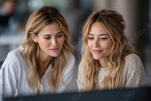 Fototapeta Two female entrepreneurs using computer for a productive business meeting in a corporate workplace.