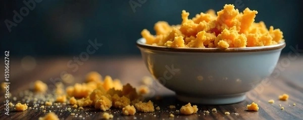 Fototapeta Close-up of an empty bowl and scattered crumbs on a table, conveying intense hunger and frustration , craving, rumbling